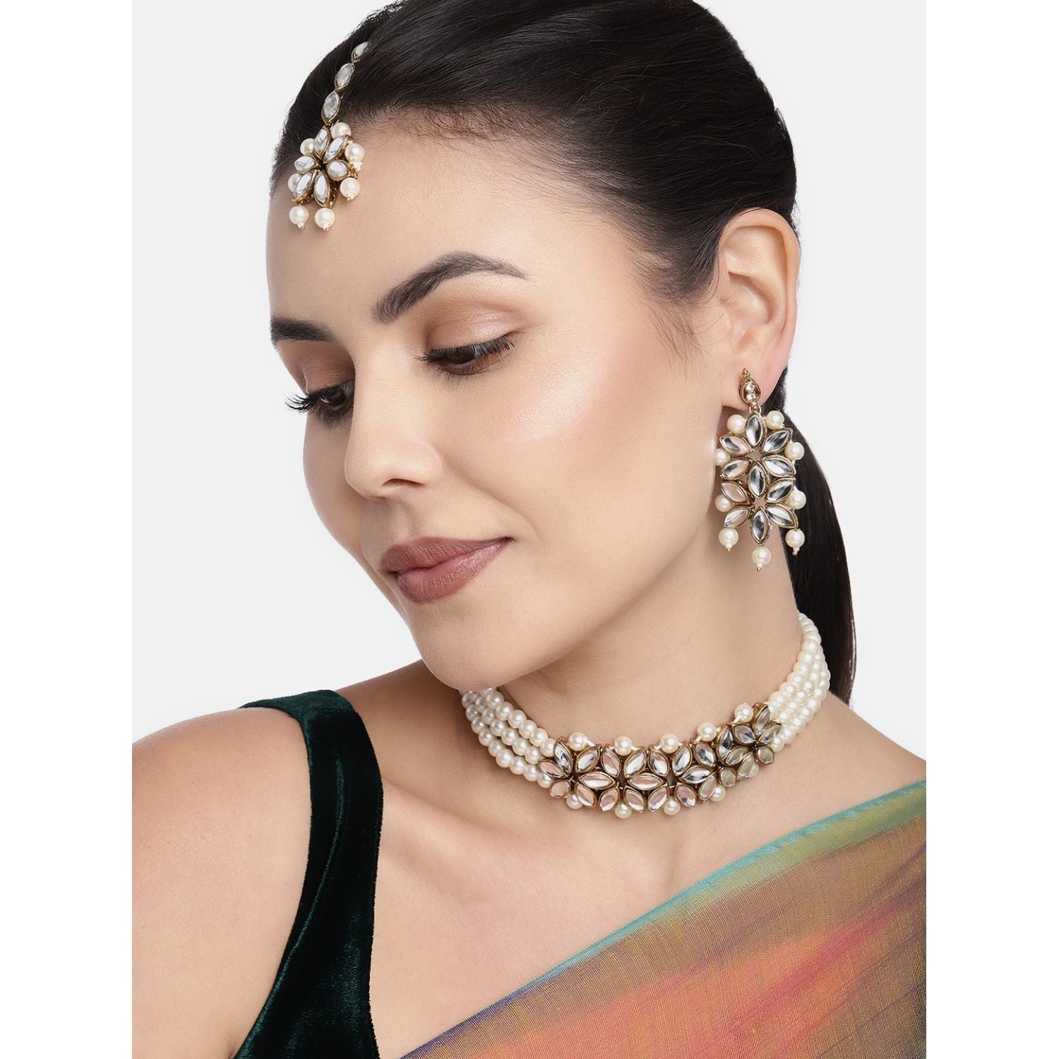 Women's 18k Gold Plated Kundan & Pearl Beaded Choker Set