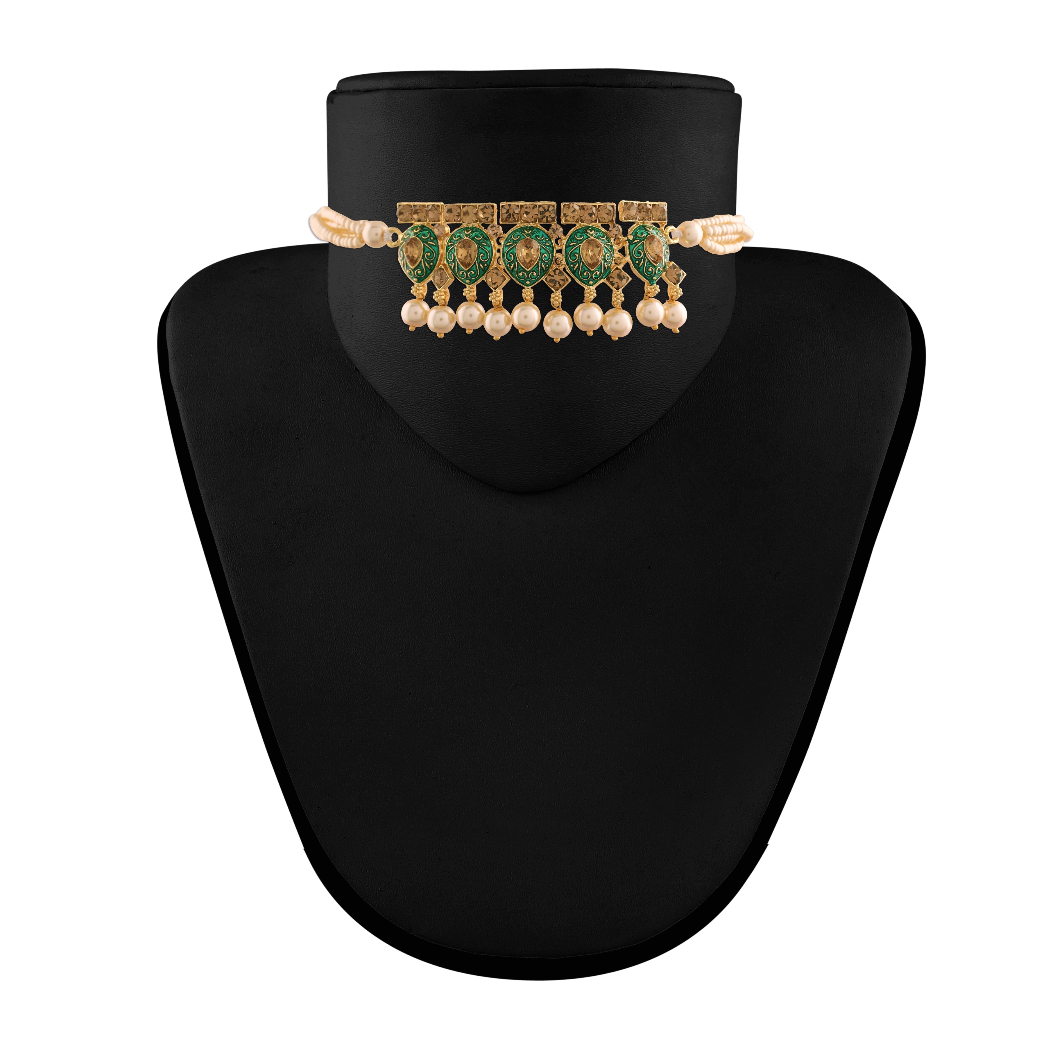 Women's 18k Gold Plated Green Meenakari Choker Set Glided With Pearls