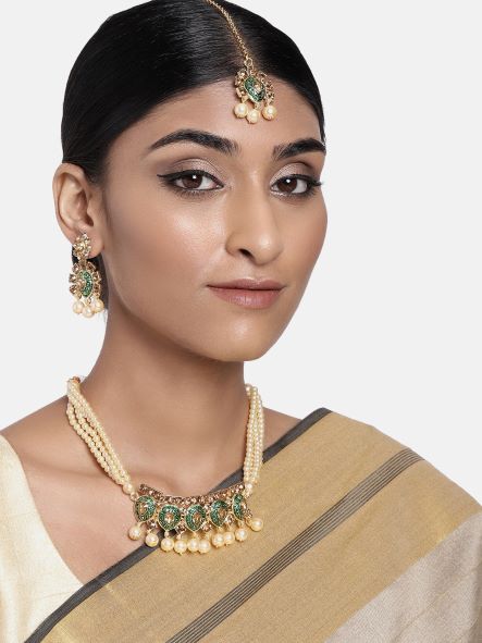 Women's 18k Gold Plated Green Meenakari Choker Set Glided With Pearls