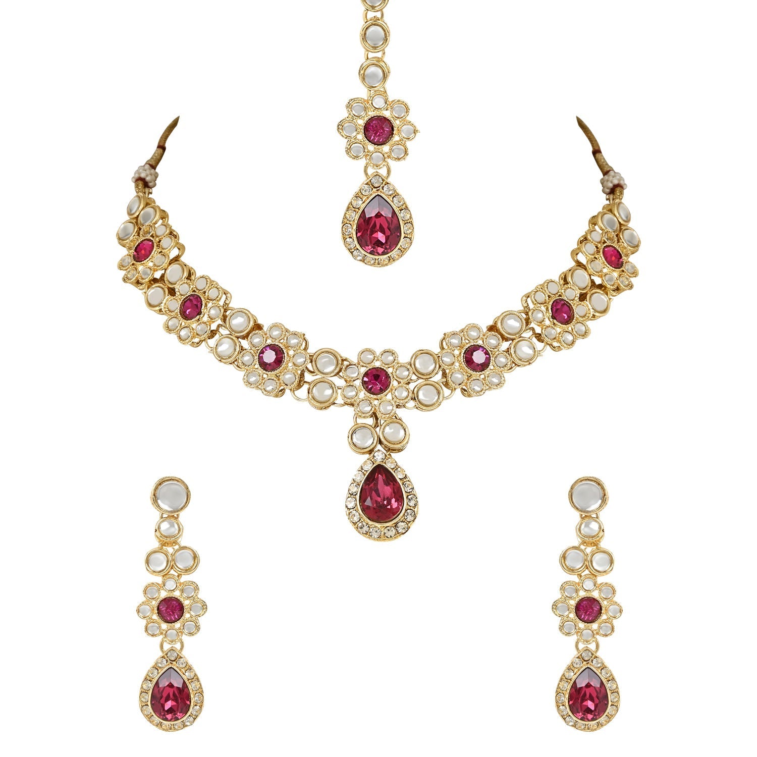 Women's 18K Gold Plated Traditional Floral Design Kundan Stones Studed Necklace Jewellery Set with Earrings & Maang Tikka