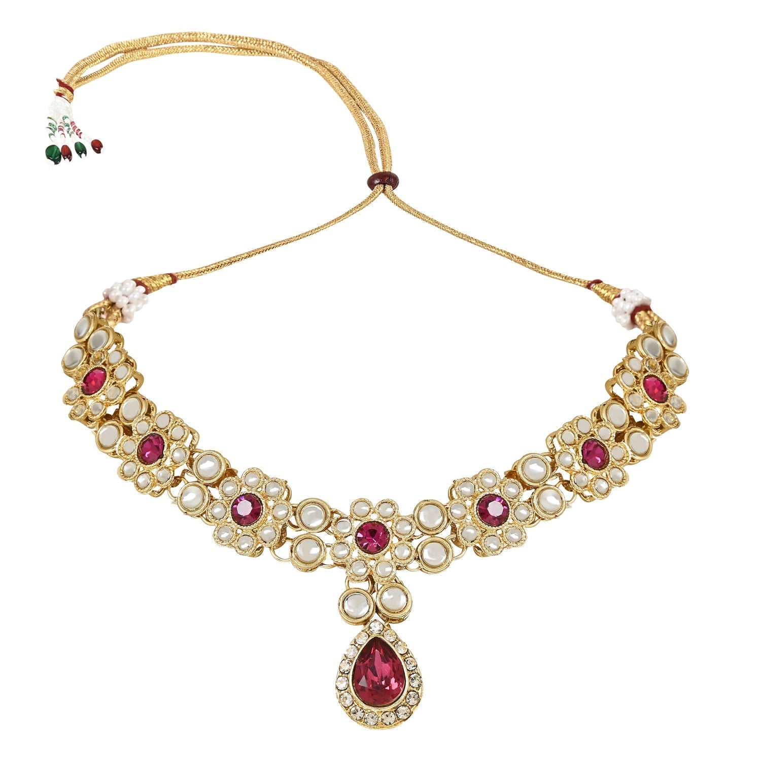 Women's 18K Gold Plated Traditional Floral Design Kundan Stones Studed Necklace Jewellery Set with Earrings & Maang Tikka