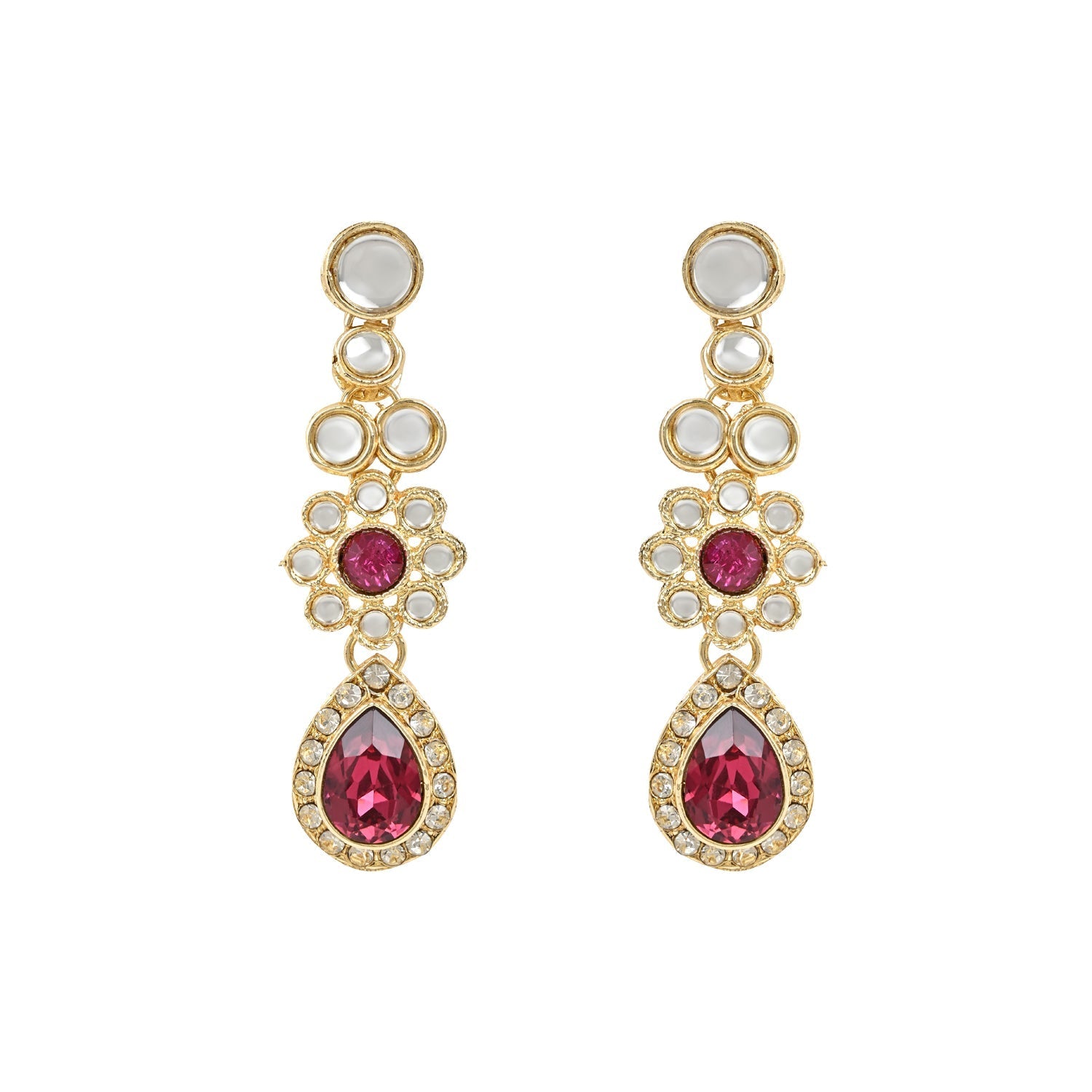 Women's 18K Gold Plated Traditional Floral Design Kundan Stones Studed Necklace Jewellery Set with Earrings & Maang Tikka