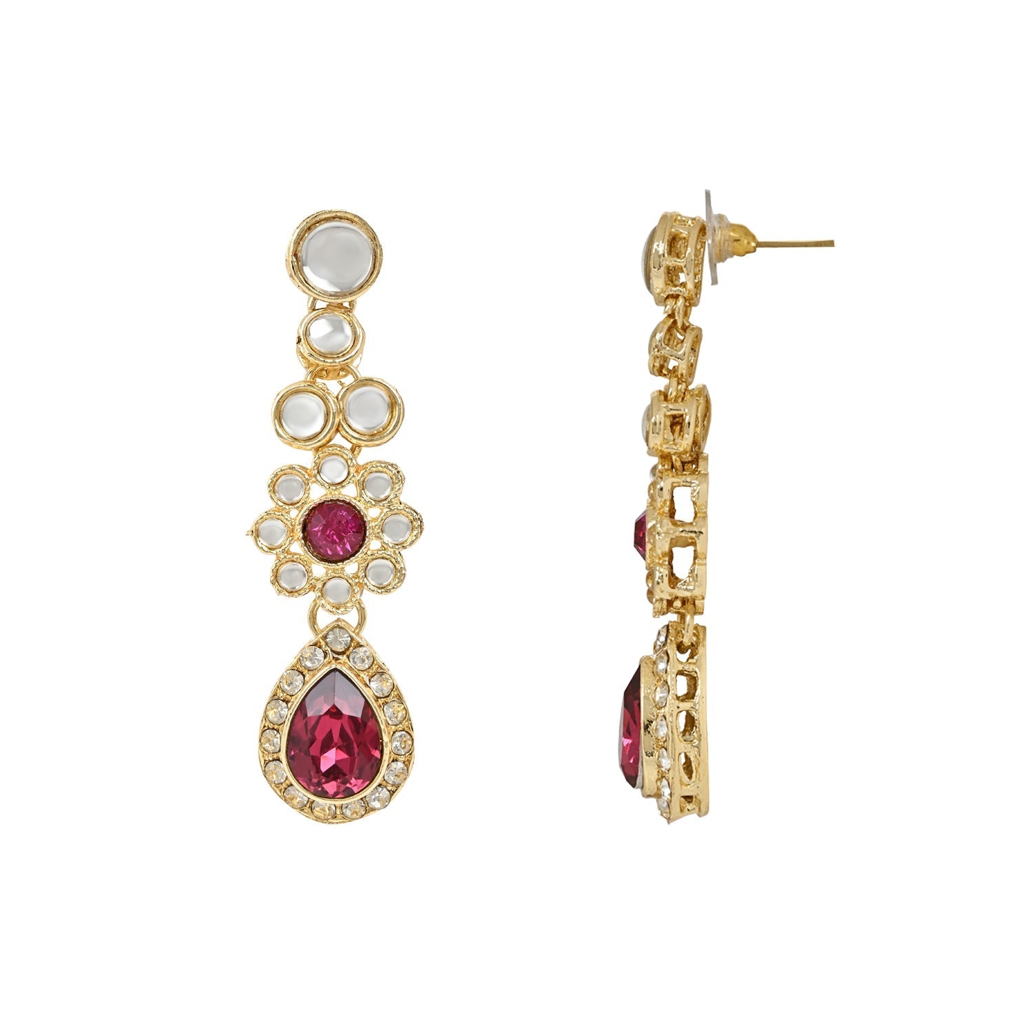 Women's 18K Gold Plated Traditional Floral Design Kundan Stones Studed Necklace Jewellery Set with Earrings & Maang Tikka