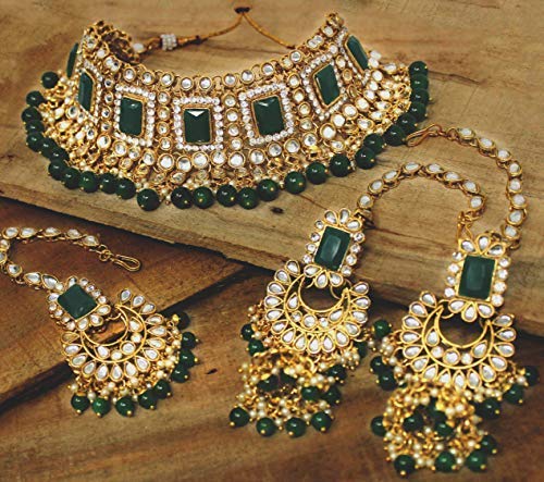 Women's 18kgold plated traditional handcrafted faux kundan pearl studded bridal necklace set with earrings maangtikkaij401w