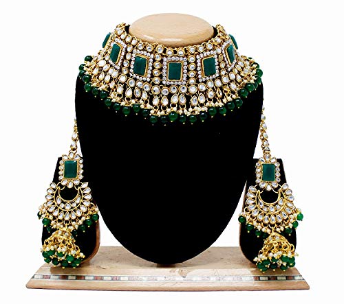 Women's 18kgold plated traditional handcrafted faux kundan pearl studded bridal necklace set with earrings maangtikkaij401w