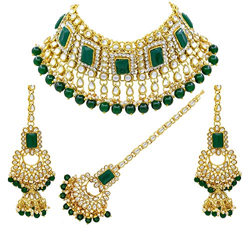 Women's 18kgold plated traditional handcrafted faux kundan pearl studded bridal necklace set with earrings maangtikkaij401w
