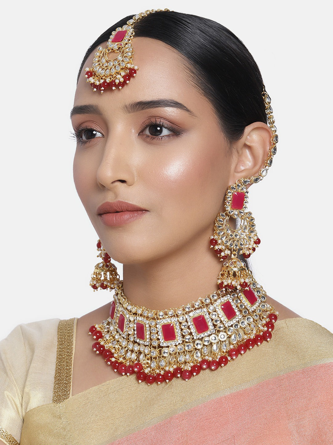 Women's 18kgold plated traditional handcrafted faux kundan pearl studded bridal necklace set with earrings maangtikkaij401w