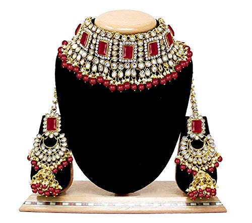 Women's 18kgold plated traditional handcrafted faux kundan pearl studded bridal necklace set with earrings maangtikkaij401w