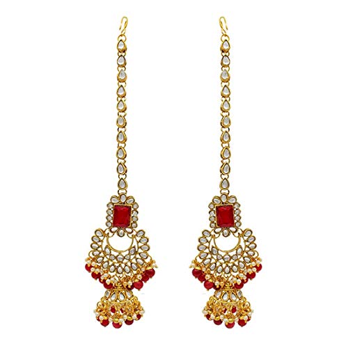 Women's 18kgold plated traditional handcrafted faux kundan pearl studded bridal necklace set with earrings maangtikkaij401w