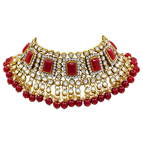 Women's 18kgold plated traditional handcrafted faux kundan pearl studded bridal necklace set with earrings maangtikkaij401w