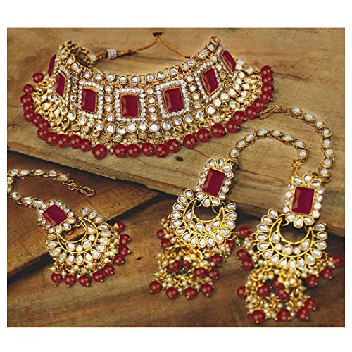 Women's 18kgold plated traditional handcrafted faux kundan pearl studded bridal necklace set with earrings maangtikkaij401w
