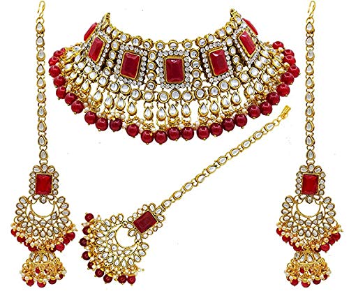 Women's 18kgold plated traditional handcrafted faux kundan pearl studded bridal necklace set with earrings maangtikkaij401w