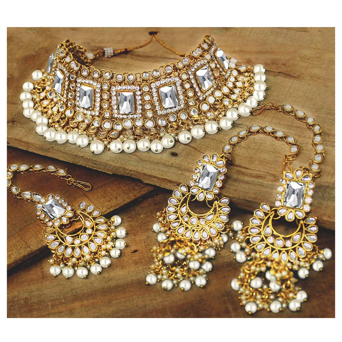 Women's 18kgold plated traditional handcrafted faux kundan pearl studded bridal necklace set with earrings maangtikkaij401w