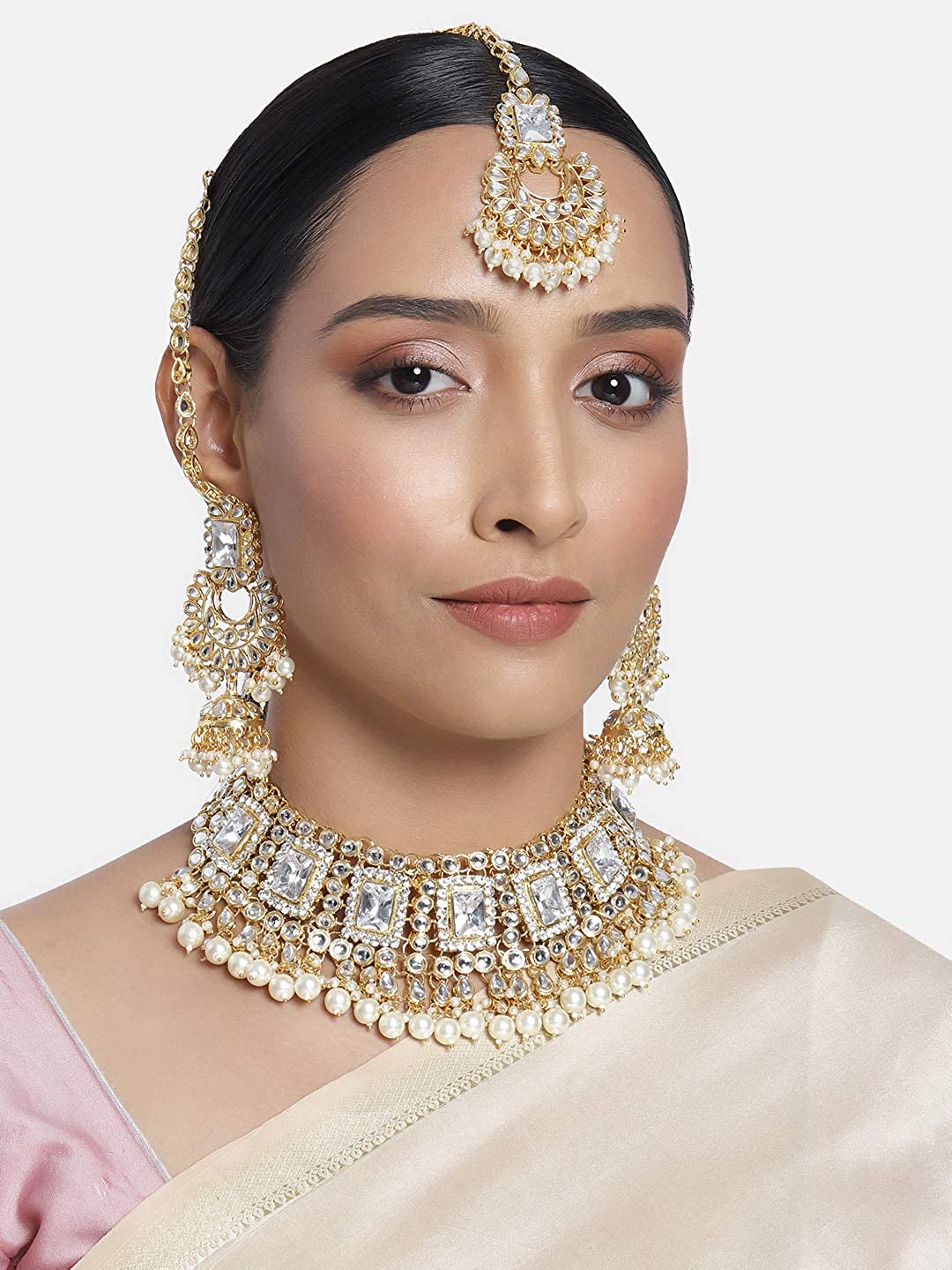 Women's 18kgold plated traditional handcrafted faux kundan pearl studded bridal necklace set with earrings maangtikkaij401w