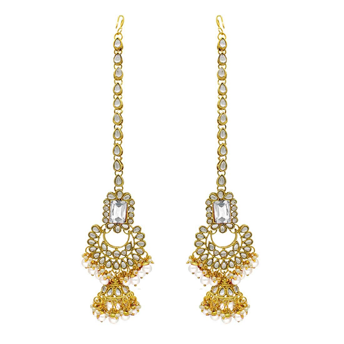 Women's 18kgold plated traditional handcrafted faux kundan pearl studded bridal necklace set with earrings maangtikkaij401w