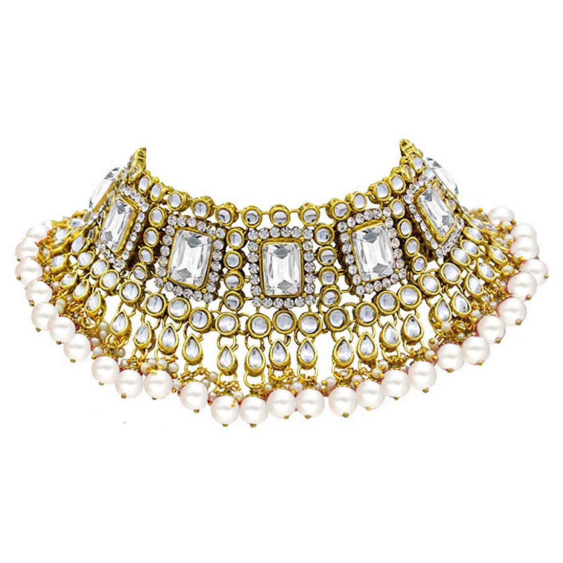 Women's 18kgold plated traditional handcrafted faux kundan pearl studded bridal necklace set with earrings maangtikkaij401w