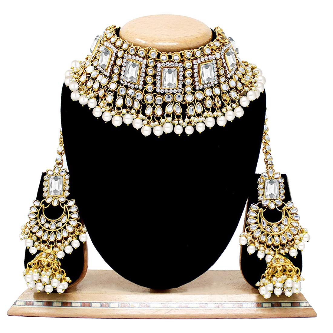 Women's 18kgold plated traditional handcrafted faux kundan pearl studded bridal necklace set with earrings maangtikkaij401w