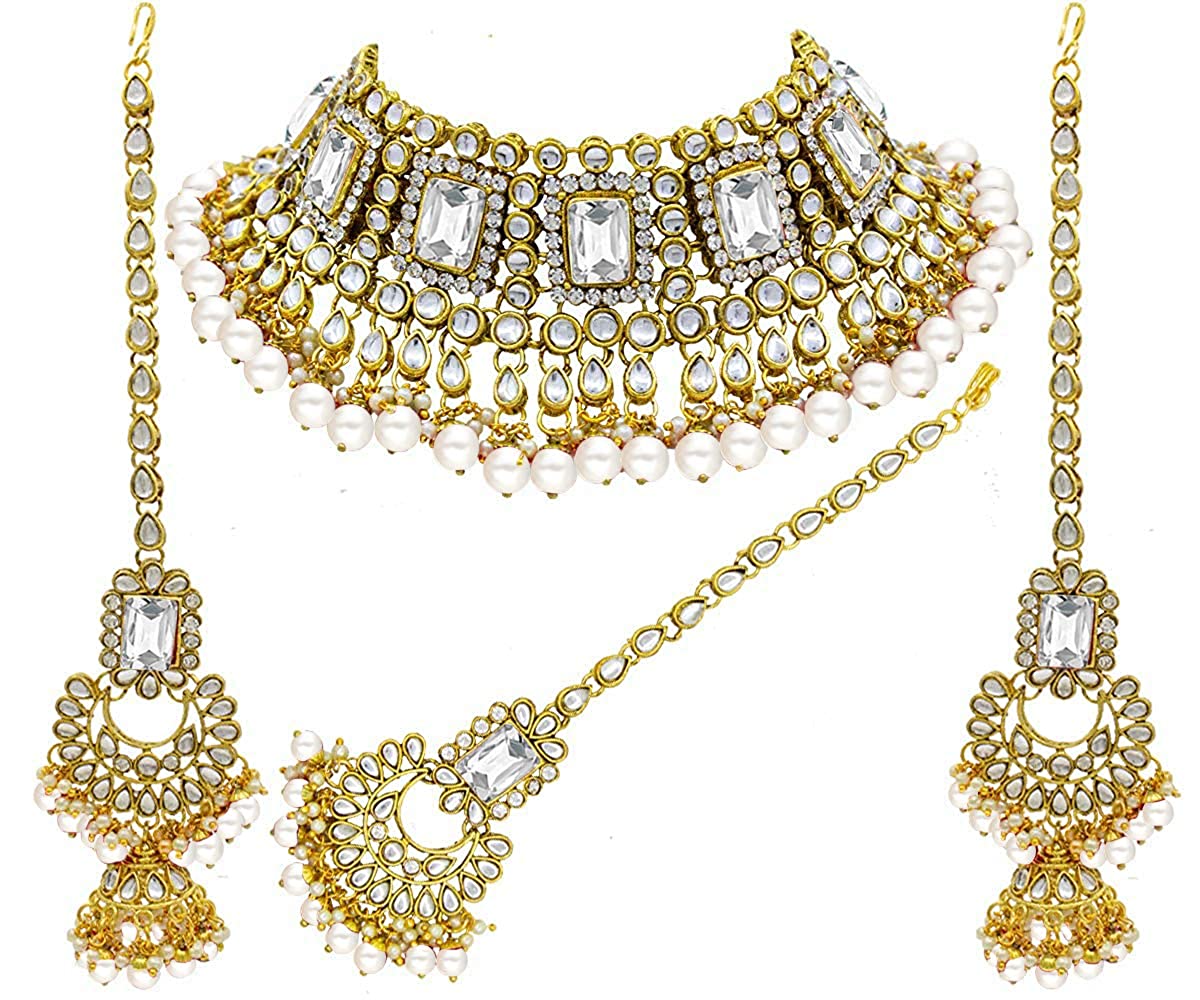 Women's 18kgold plated traditional handcrafted faux kundan pearl studded bridal necklace set with earrings maangtikkaij401w