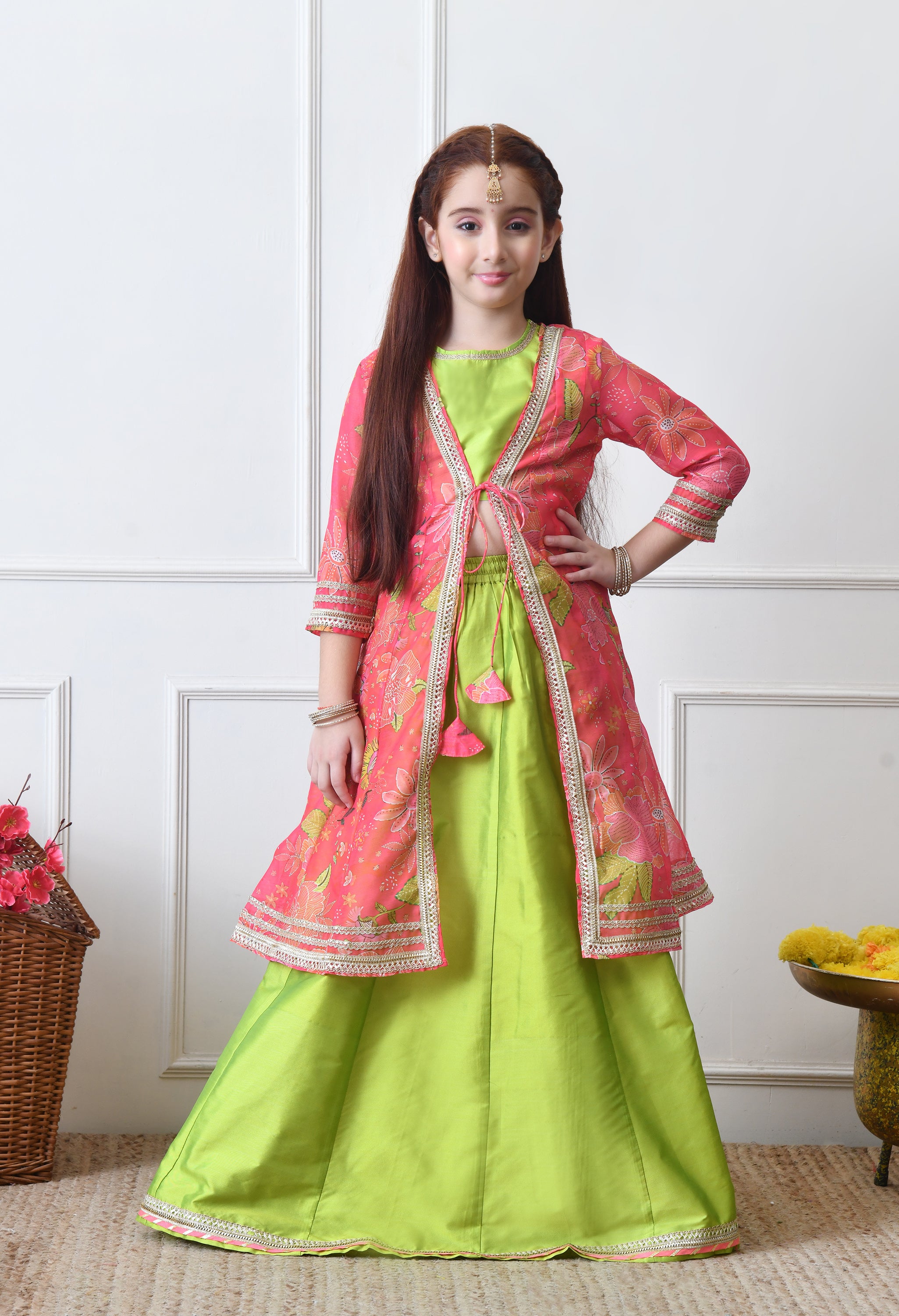 Girl's Lime Green Lehenga With Coral Pink Floral Jacket Set Pink / 9-10Y | Trendia Global Girl's Lime Green Lehenga With Coral Pink Floral Jacket Set Pink / 9-10Y | Trendia Global