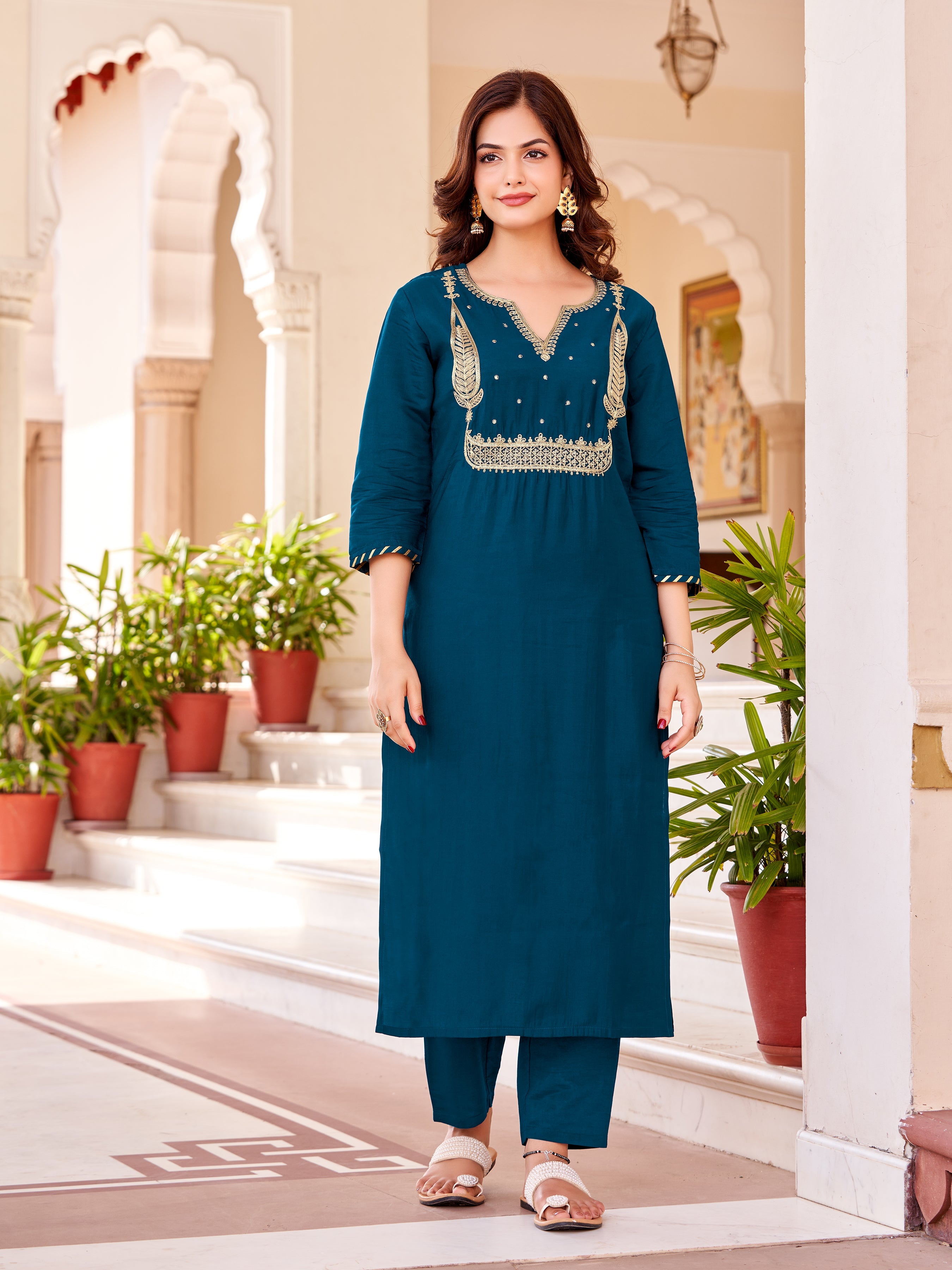 Women's V Neck Embroidered Work Silk Fabric Kurta & Pant With Dupatta Set - Taantav