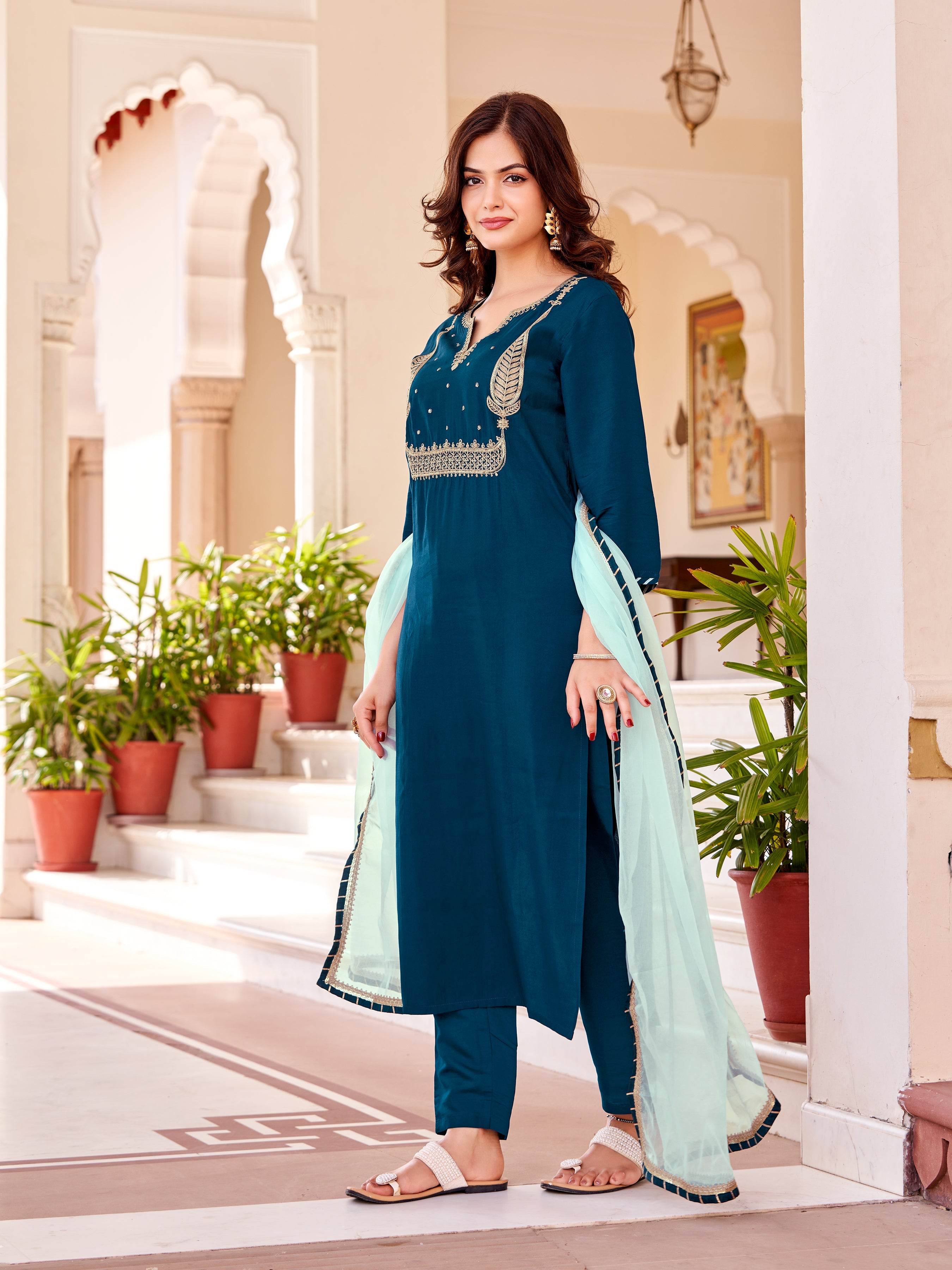 Women's V Neck Embroidered Work Silk Fabric Kurta & Pant With Dupatta Set - Taantav