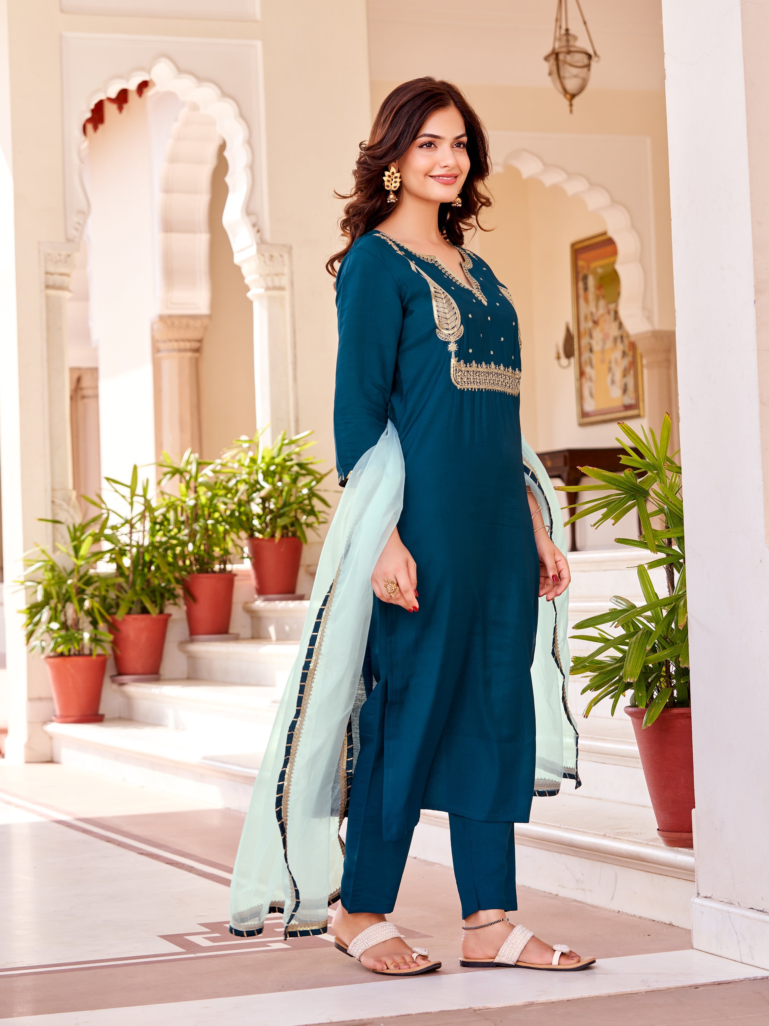 Women's V Neck Embroidered Work Silk Fabric Kurta & Pant With Dupatta Set - Taantav