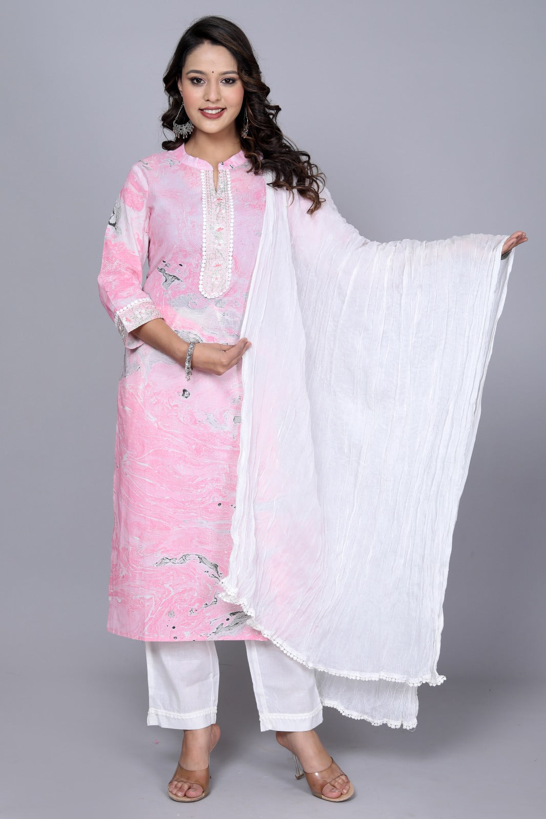 Women's Printed Pink & White Cotton Kurta Set With Dupatta - Taantav