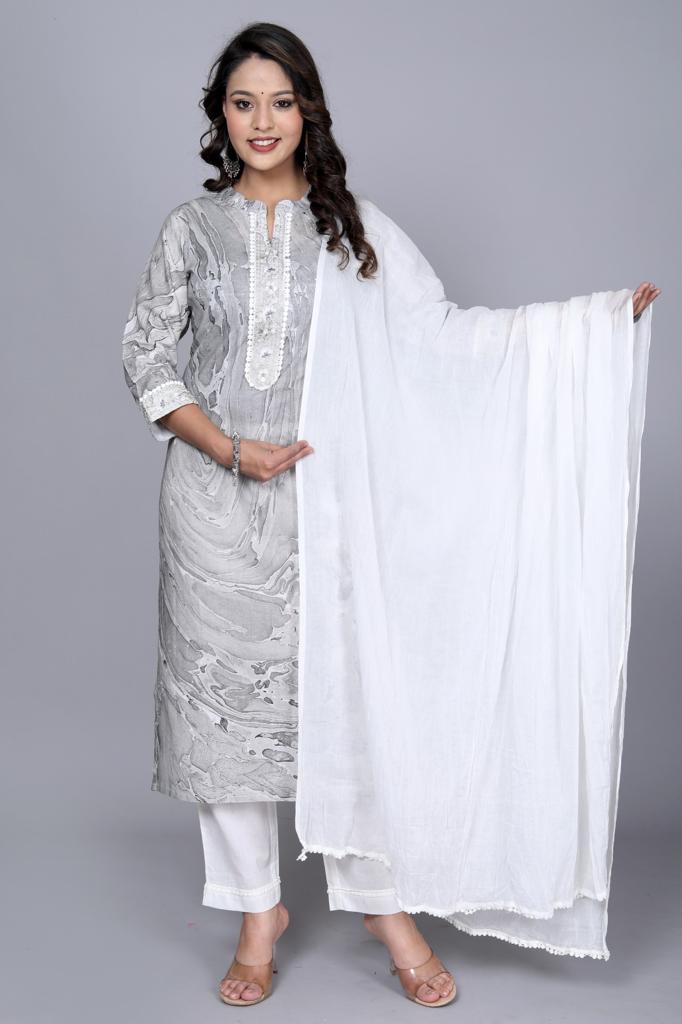 Women's Printed Grey & White Cotton Kurta Set With Dupatta - Taantav
