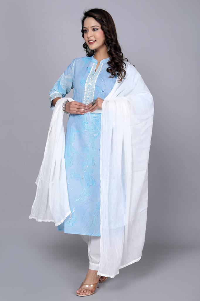 Women's Printed Blue & White Cotton Kurta Set With Dupatta - Taantav