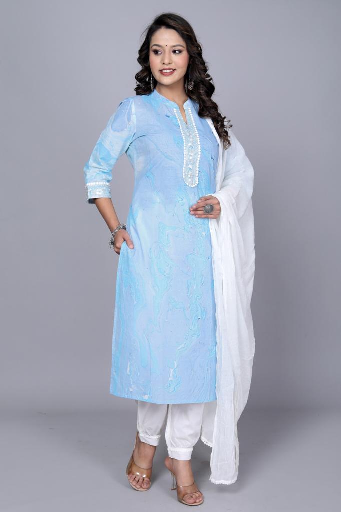 Women's Printed Blue & White Cotton Kurta Set With Dupatta - Taantav