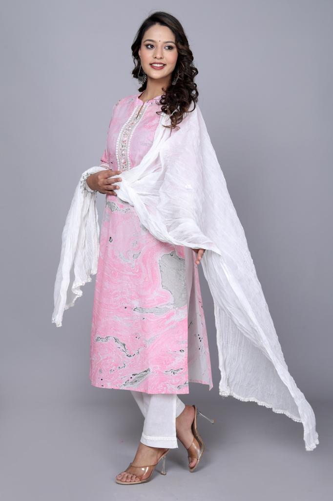 Women's Printed Pink & White Cotton Kurta Set With Dupatta - Taantav