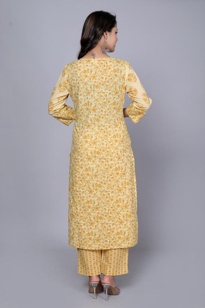 Women's Printed Mustard Cotton Kurta Set With Dupatta - Taantav