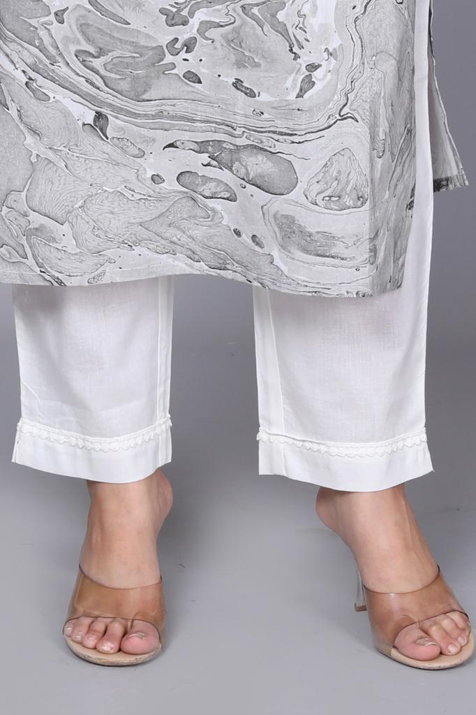 Women's Printed Grey & White Cotton Kurta Set With Dupatta - Taantav