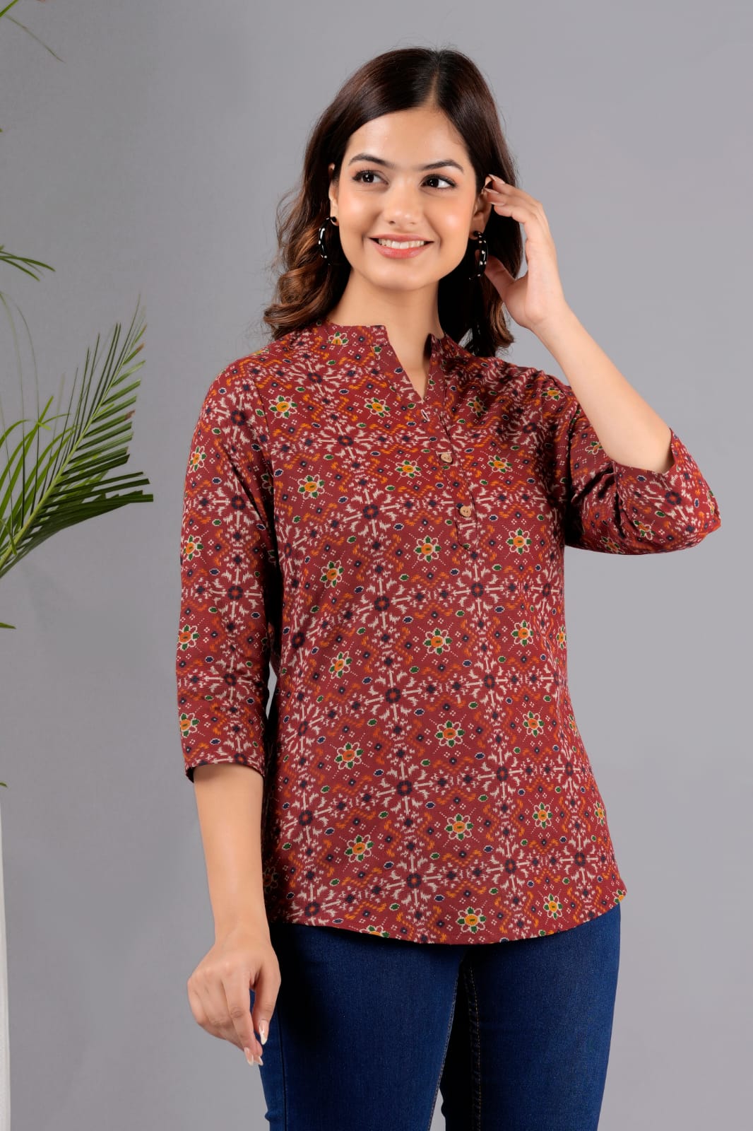 Women's Maroon Cotton Printed Tunic - Taantav