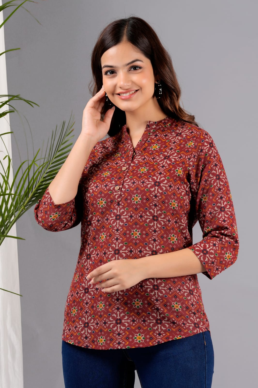 Women's Maroon Cotton Printed Tunic - Taantav