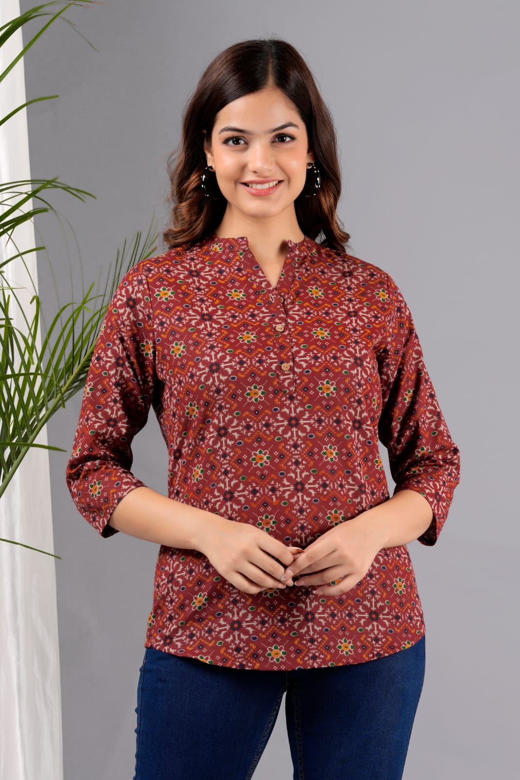 Women's Maroon Cotton Printed Tunic - Taantav