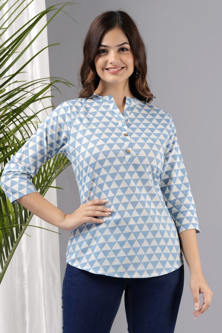 Women's Blue Cotton Printed Tunic - Taantav