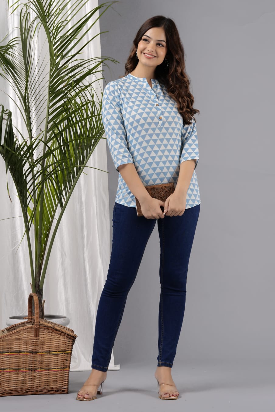 Women's Blue Cotton Printed Tunic - Taantav