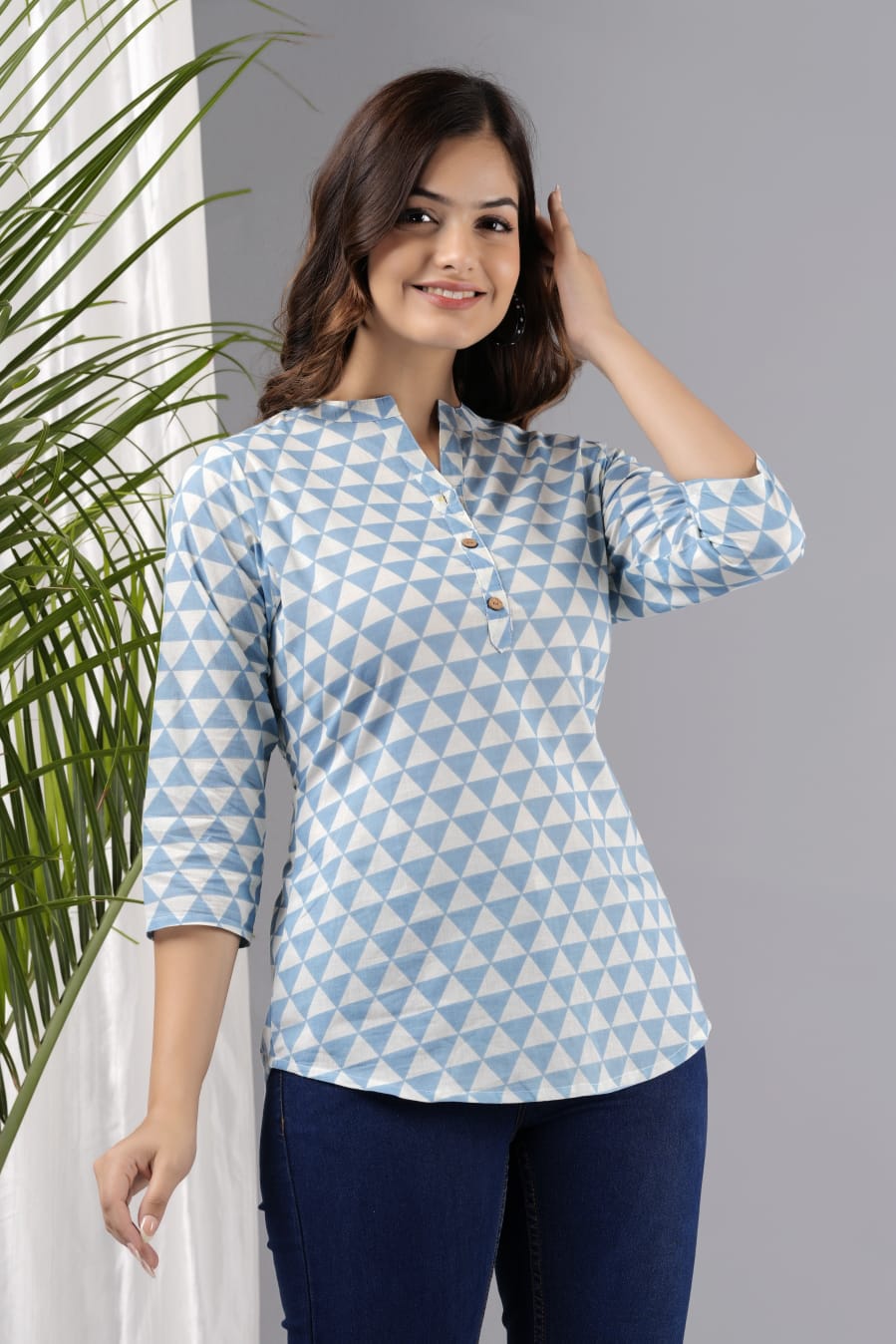 Women's Blue Cotton Printed Tunic - Taantav