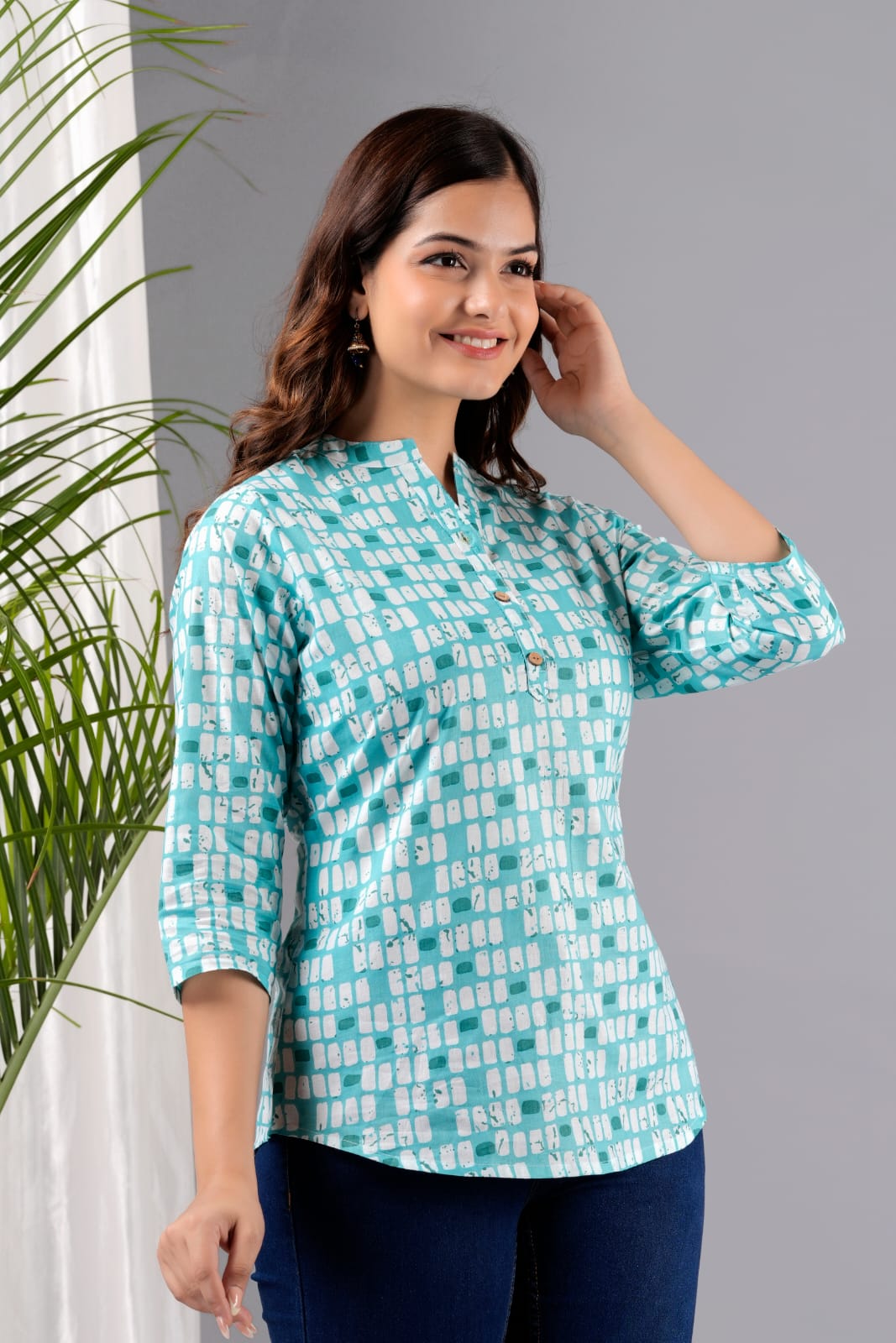 Women's Blue Cotton Printed Tunic - Taantav