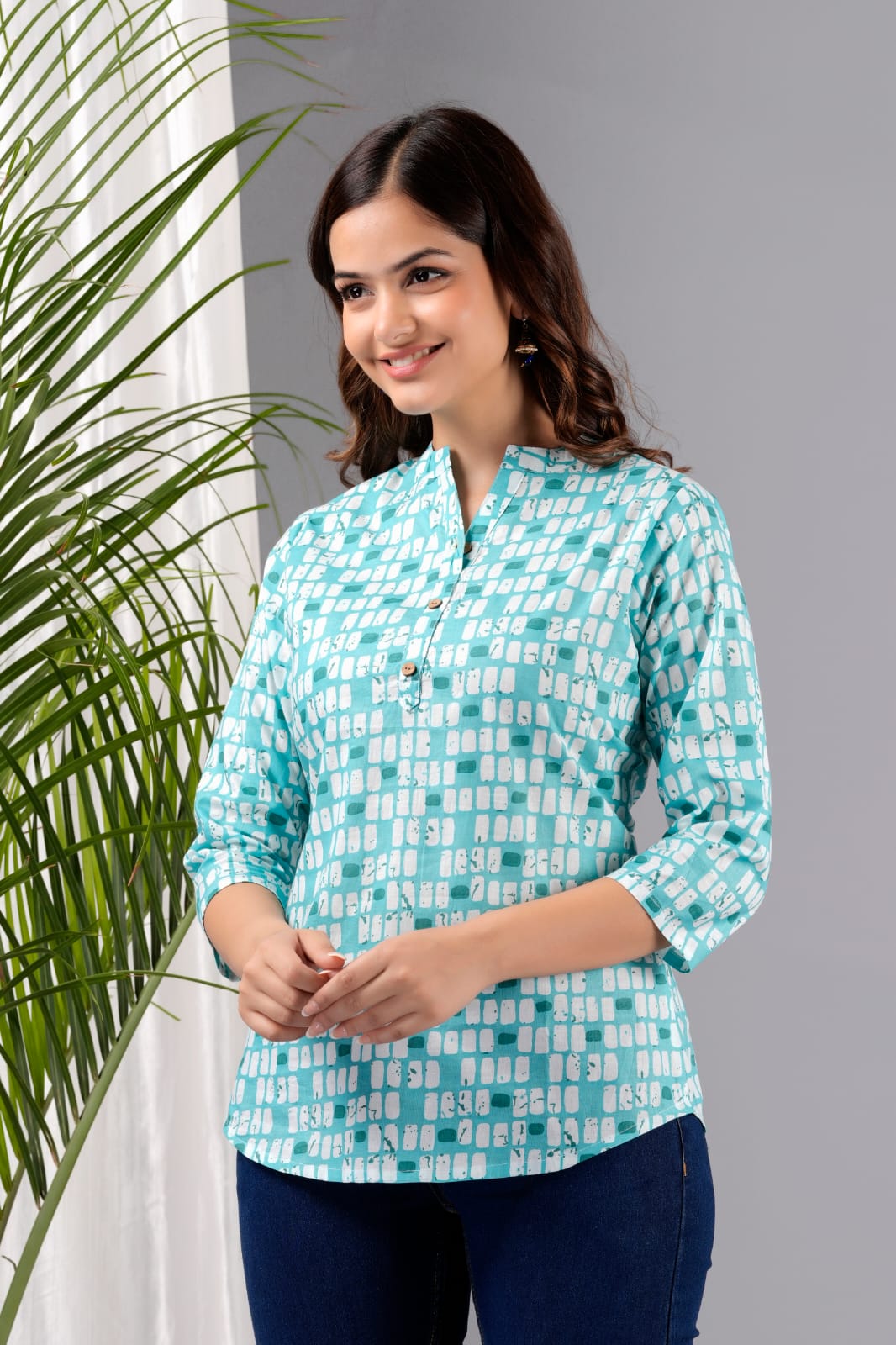 Women's Blue Cotton Printed Tunic - Taantav