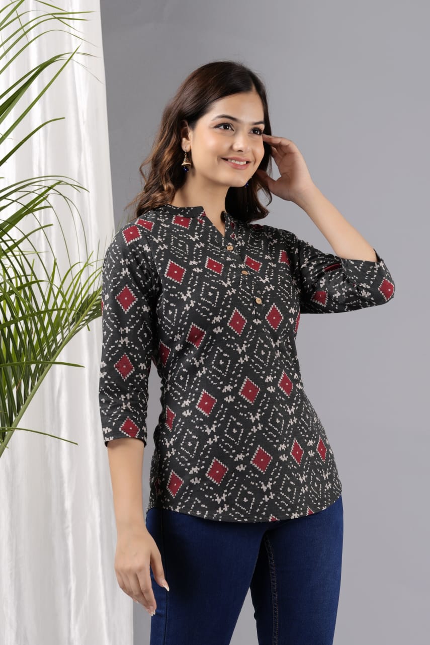 Women's Grey Cotton Printed Tunic - Taantav