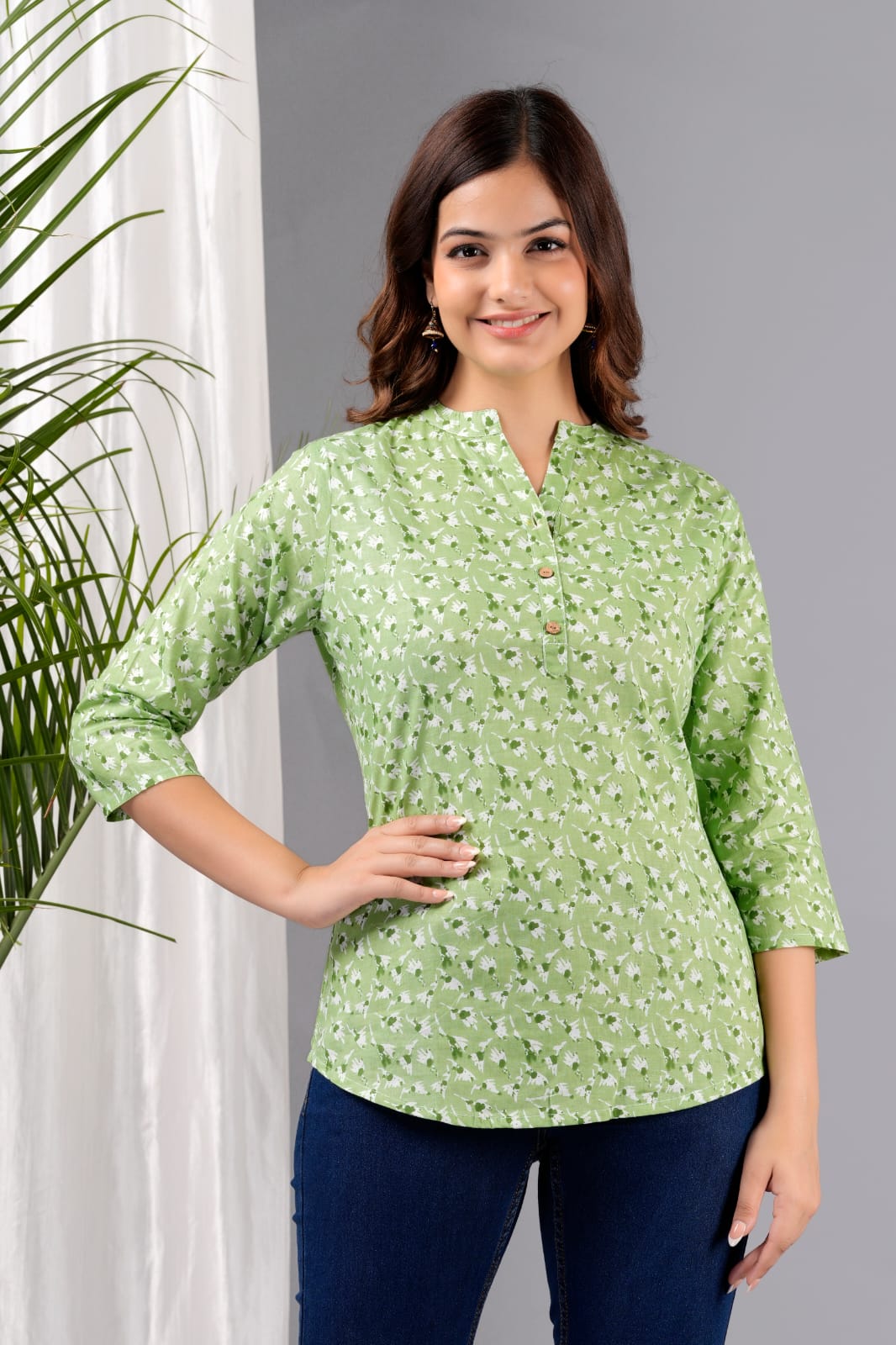 Women's Green Cotton Printed Tunic - Taantav