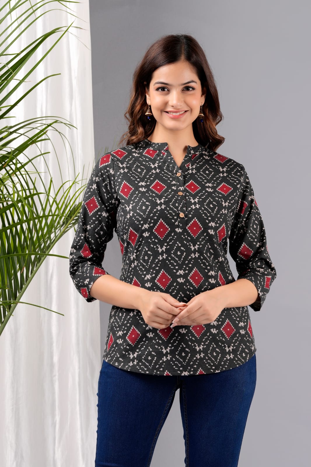 Women's Grey Cotton Printed Tunic - Taantav