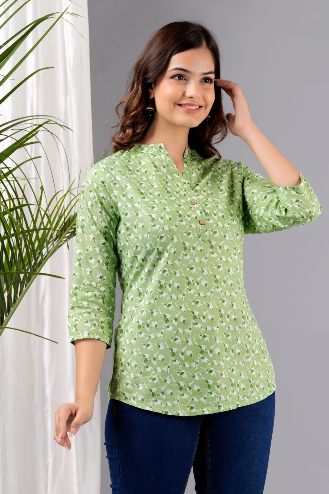 Women's Green Cotton Printed Tunic - Taantav