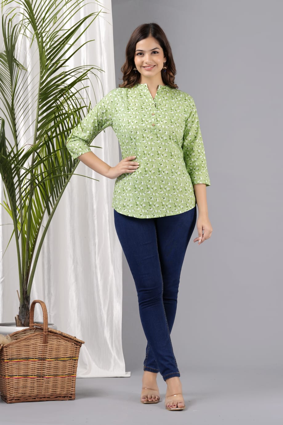 Women's Green Cotton Printed Tunic - Taantav