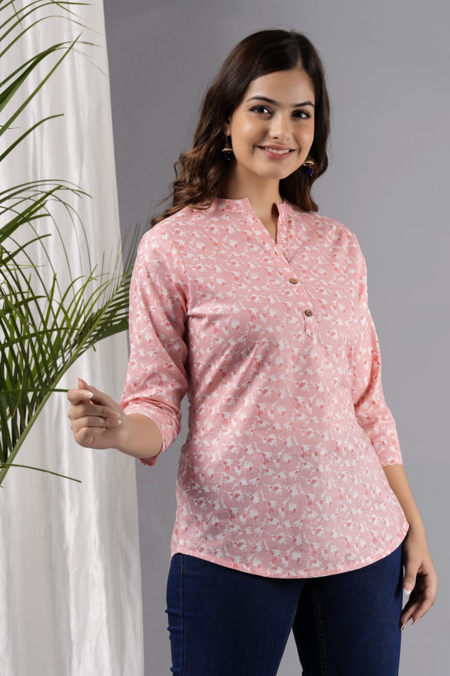 Women's Pink Cotton Printed Tunic - Taantav