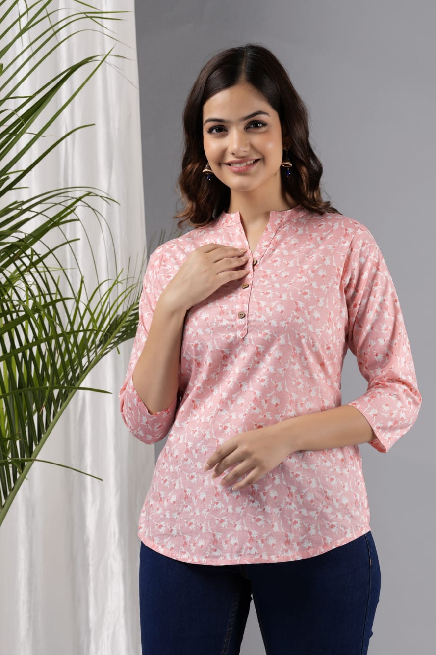 Women's Pink Cotton Printed Tunic - Taantav