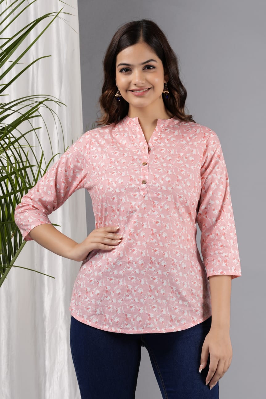 Women's Pink Cotton Printed Tunic - Taantav