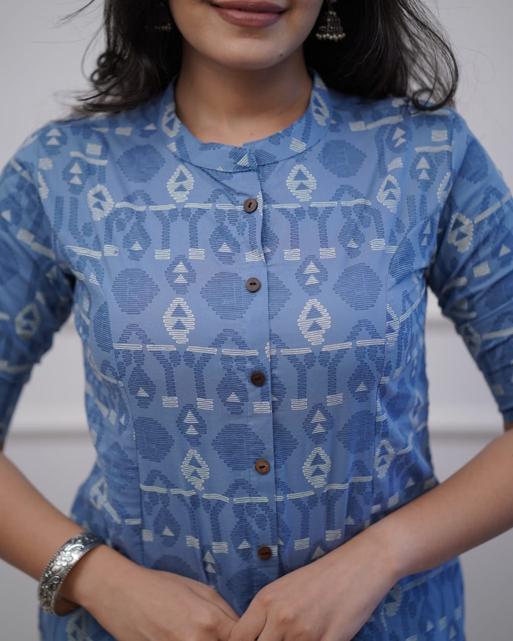 Blue Printed cotton Kurta Set